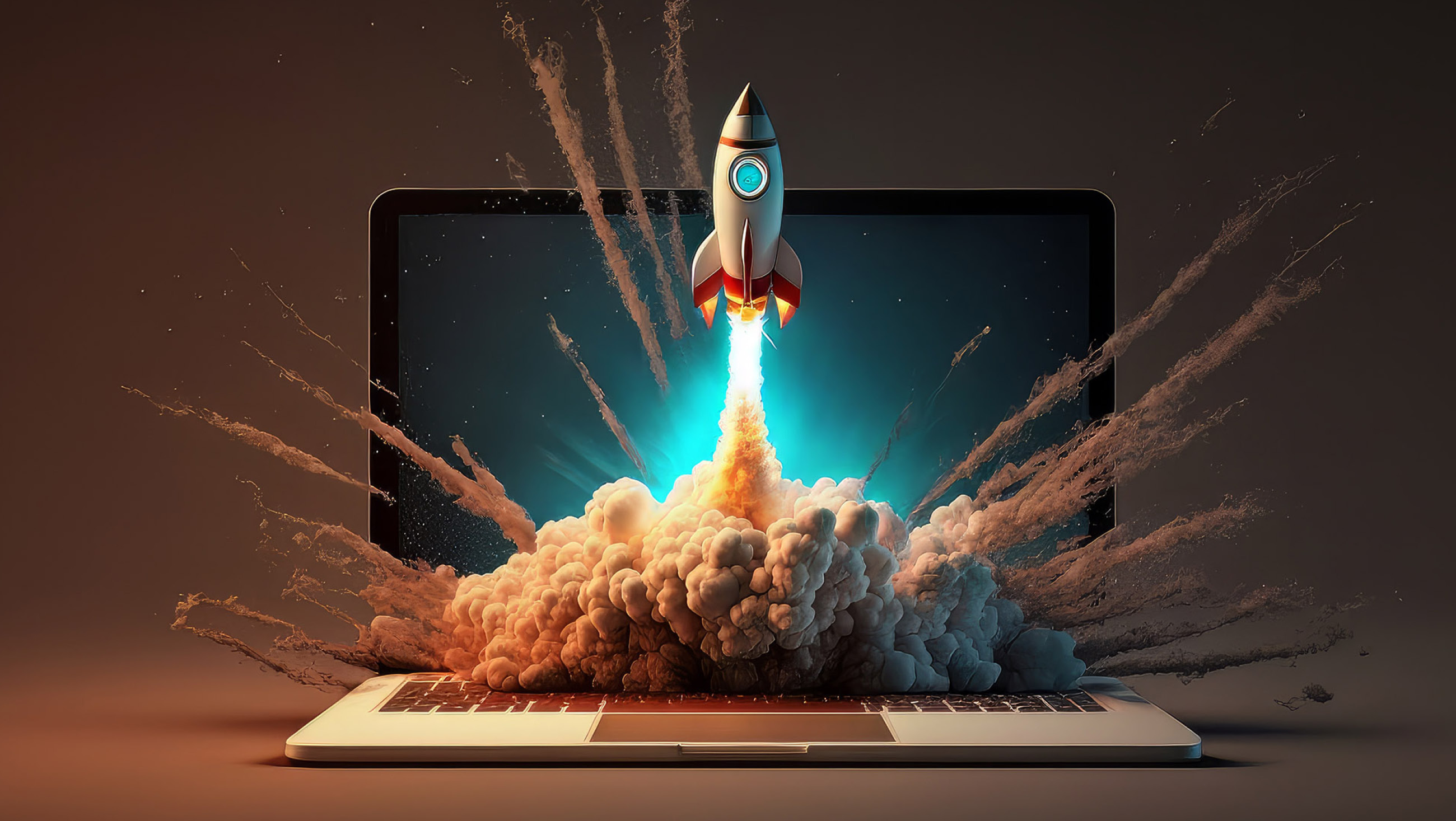 CGI rocket blasting out of a laptop