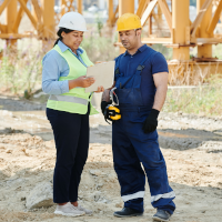 Two construction workers, one female, on left, one male