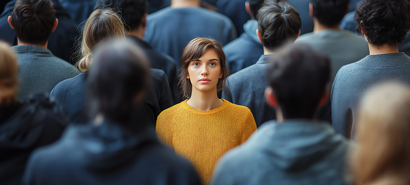 Woman in yellow jumper facing the camera with people in grey suits facing away