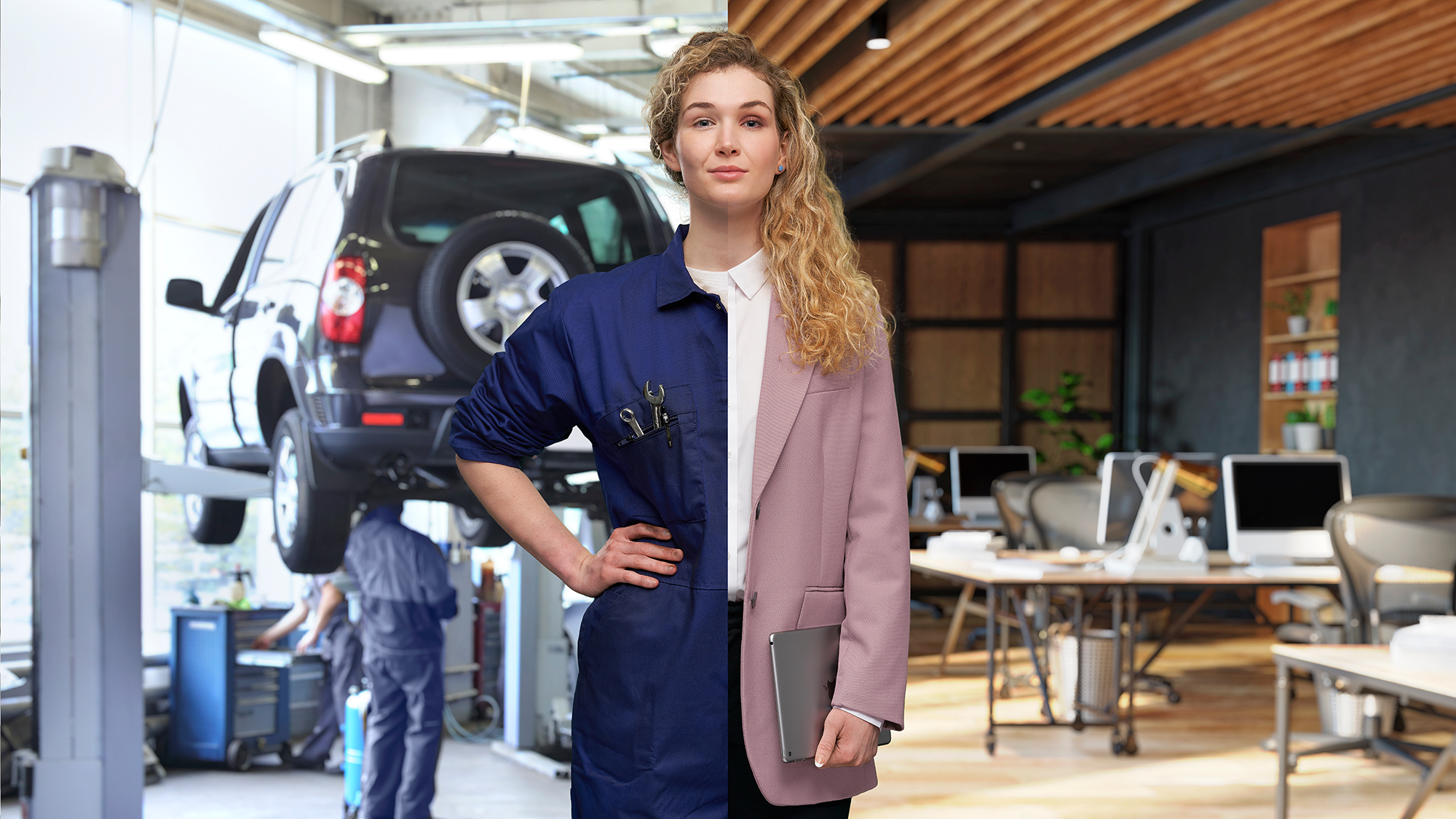 A young female split down the centre shown half dressed as a mechanic and half dressed as an office worker A young female split down the centre shown half dressed as a mechanic and half dressed as an office worker