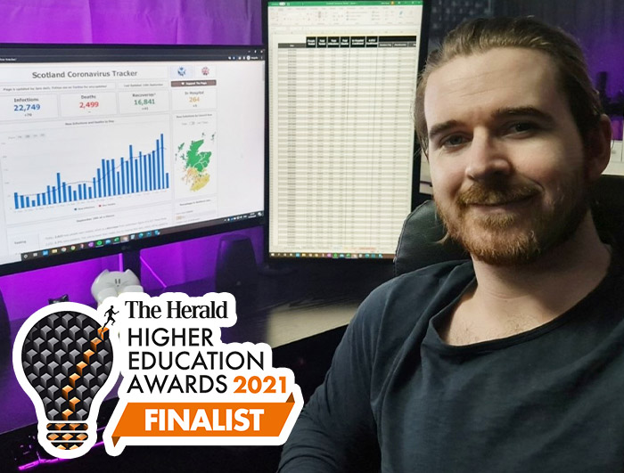 Close up of John Frace in front of his PC with Herald Awards logo overlaid Close up of John Frace in front of his PC with Herald Awards logo overlaid