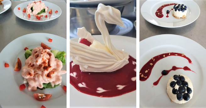 A selection of dishes created by Professional Cookery students. Prawn cocktail, meringue shaped like a swan, blueberry cheesecake.