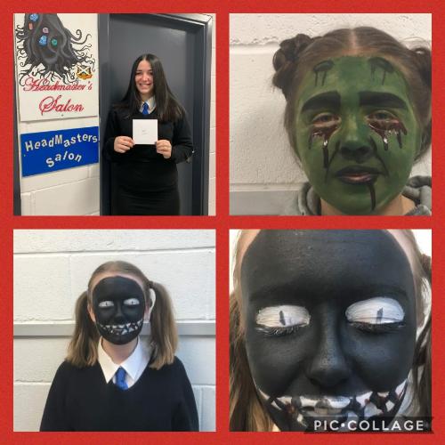 Photo of a student, photos of two zombie like hair and makeup looks created by the student