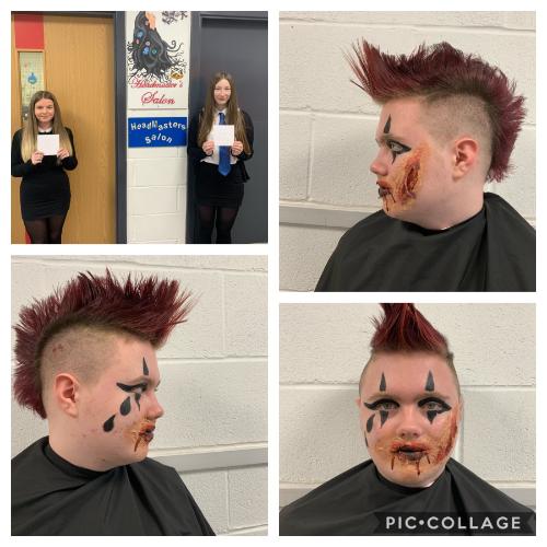 Photo of two students with an award, three photos showing a look featuring a mohawk hairstyle and burn on face created with makeup