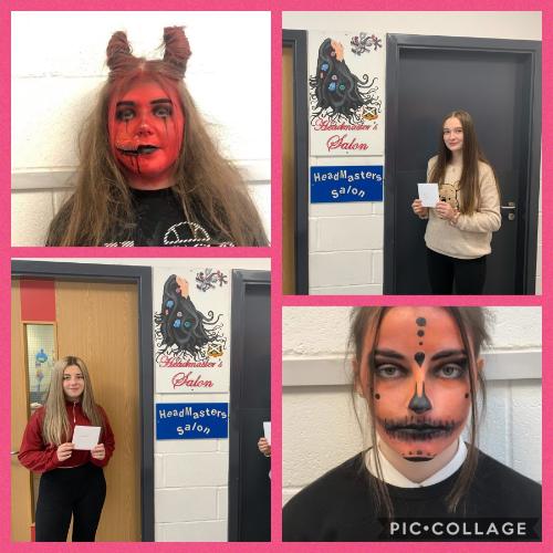 Two photos of students with awards, a photo of a devil-like look, and a photo of sugar skull inspired look, created using hair and makeup