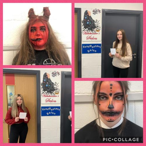 Two photos of students with awards, a photo of a devil-like look, and a photo of sugar skull inspired look, created using hair and makeup Two photos of students with awards, a photo of a devil-like look, and a photo of sugar skull inspired look, created using hair and makeup
