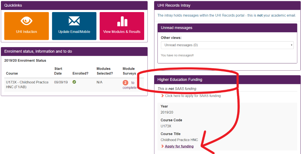 screenshot of student hub for HE students