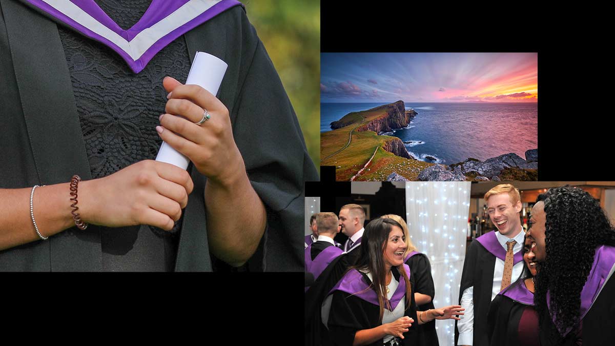 A person holding a certificate | Neist Point | Graduates talking together