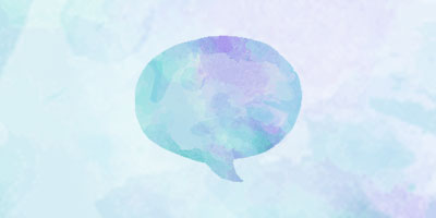 Watercolour painted speech bubble in calm pastel blue and purple hues