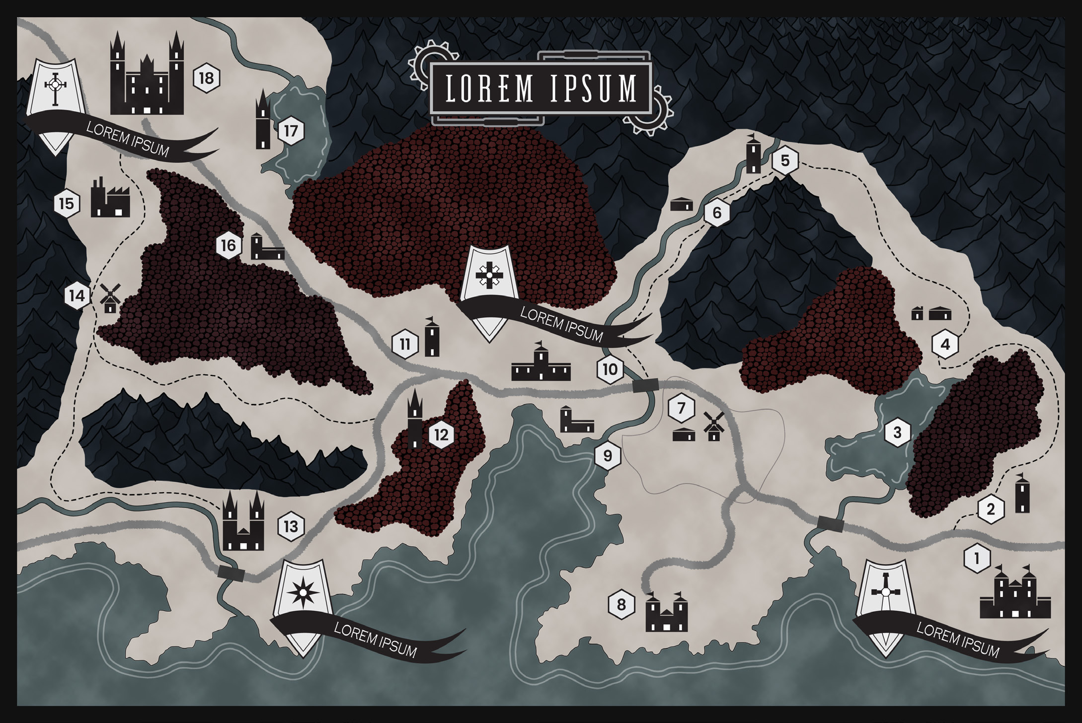An illustrated mapr base don a fictional land An illustrated mapr base don a fictional land